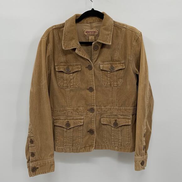 Aeropostale Juniors Large Corduroy Jacket Pockets Beige Y2K Button Vintage Flaw - Picture 1 of 10